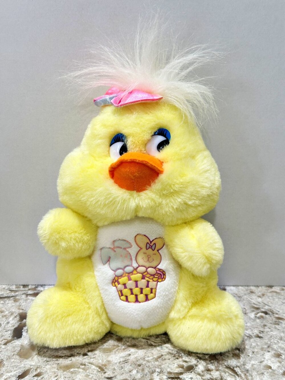 Vintage 1980s Dan Dee Easter Duck Plush 11" Satin Bow Bunnies on Belly Side Eyes